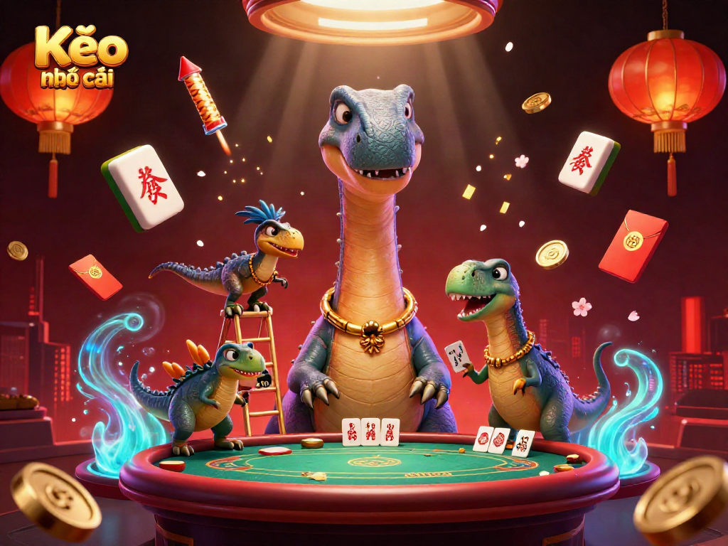 Experience the thrill of Kèo nhà cái as a giant dinosaur overlooks a vibrant casino scene filled with energizing symbols and festive elements.