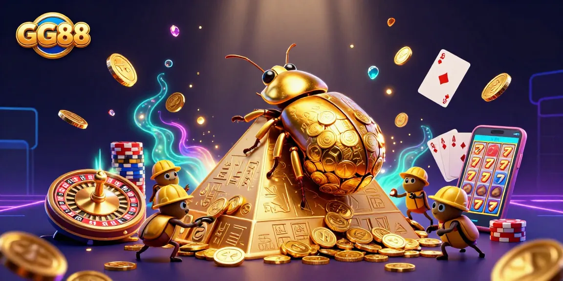 Experience the excitement of GG88 casino with a dynamic 3D scene showcasing golden coins and casino games.