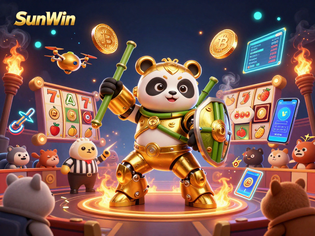 SunWin highlights thrilling jackpots with a golden panda battling in a vibrant casino arena.