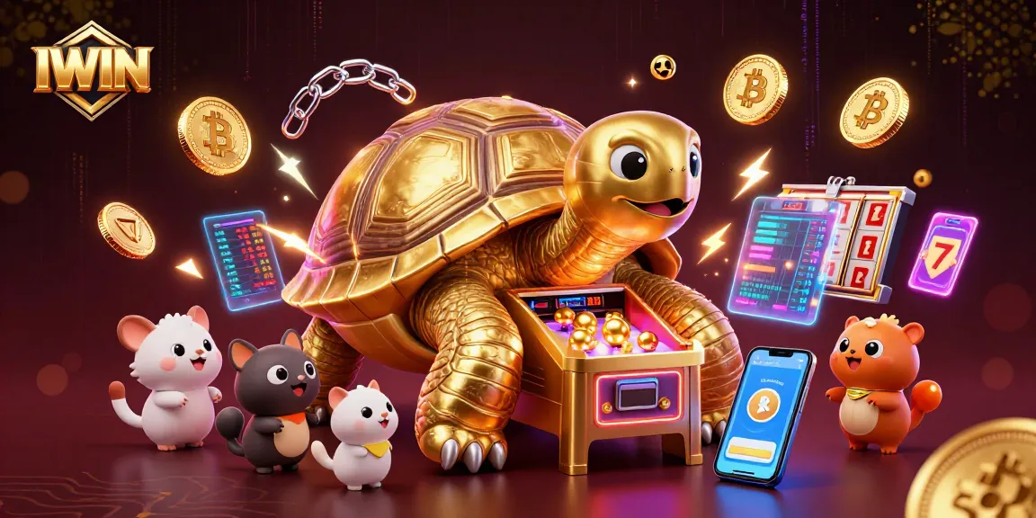 IWIN offers exciting chances to win big with playful golden tortoise and vibrant crypto elements.