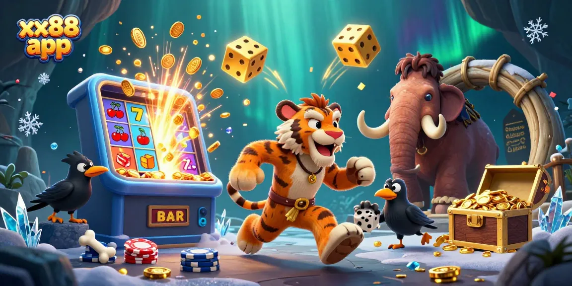 Experience thrilling action with the xx88 app, featuring cartoon cavemen, a sabertooth tiger, and a clever crow in a dynamic casino scene.