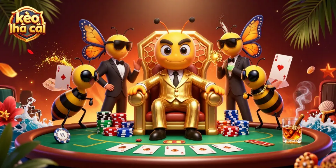 Experience the thrill of kèo nhà cái betting with a vibrant 3D cartoon scene of a bumblebee mob boss surrounded by poker elements.
