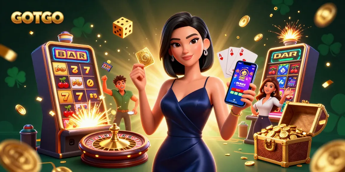 Menang besar di kasino online GOTOTO dengan wanita Asia merayakan jackpot dan elemen permainan yang hidup.