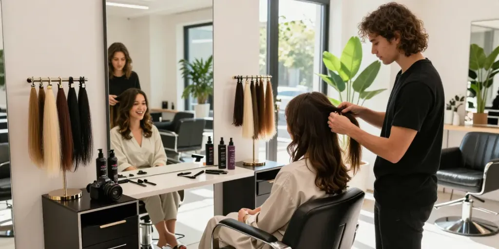 Client getting hair extensions applied in a chic salon setting, showcasing vibrant colors and styles.