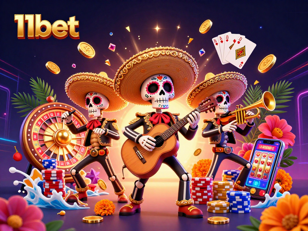 Play thrilling games at 11bet with a vibrant mariachi band celebrating casino excitement.