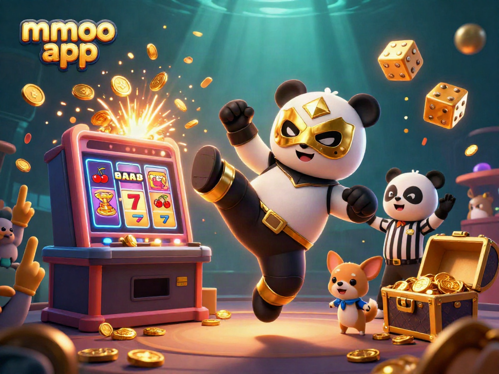 Witness the excitement of the mmoo app with a panda wrestler's flying kick amidst a jackpot explosion!