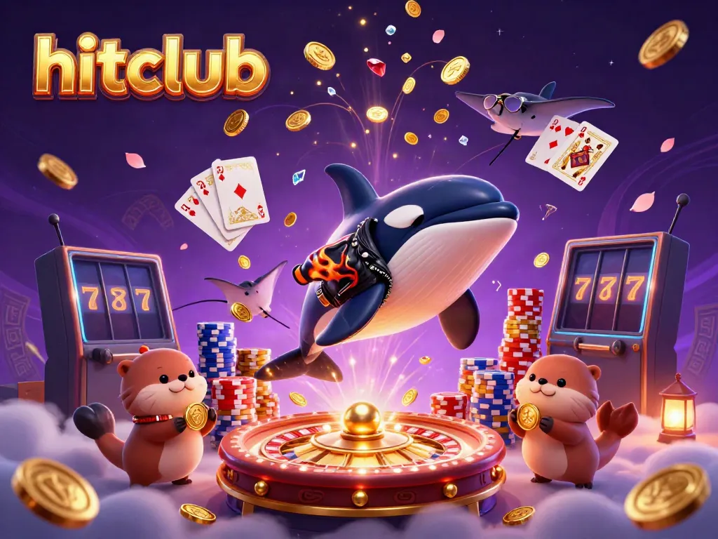 hitclub features a playful scene with a whale jumping, otters with coins, and casino elements flying around
