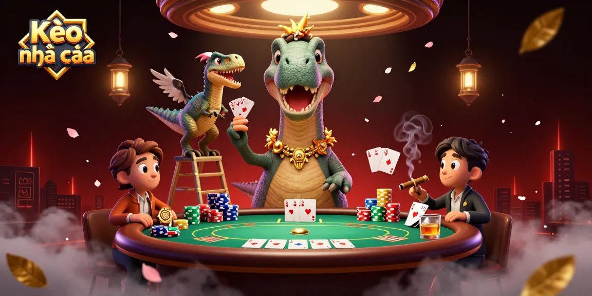 Kèo nhà cái showcases a vibrant poker scene with a cartoon dinosaur at a casino table.