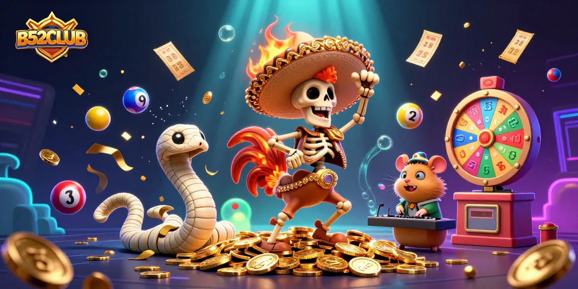 Engage in thrilling gameplay at B52CLUB, featuring vibrant scenes with lively characters and casino elements.