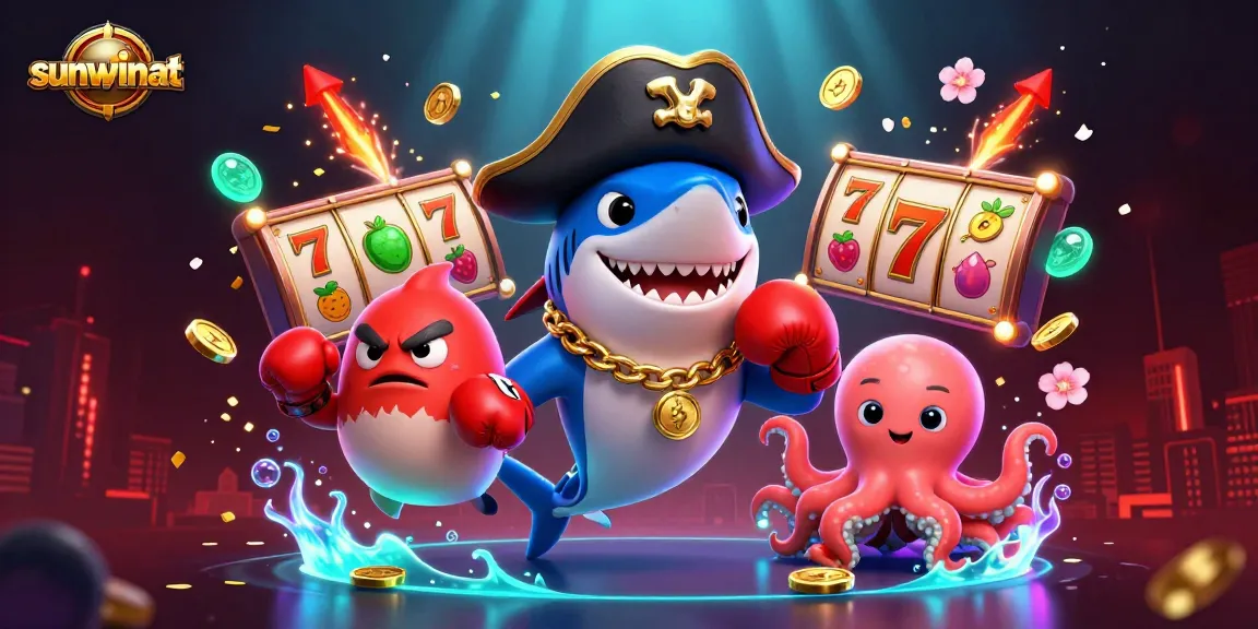 Spin for fortune with sunwinat in this vibrant casino scene featuring animated characters and slot reels.