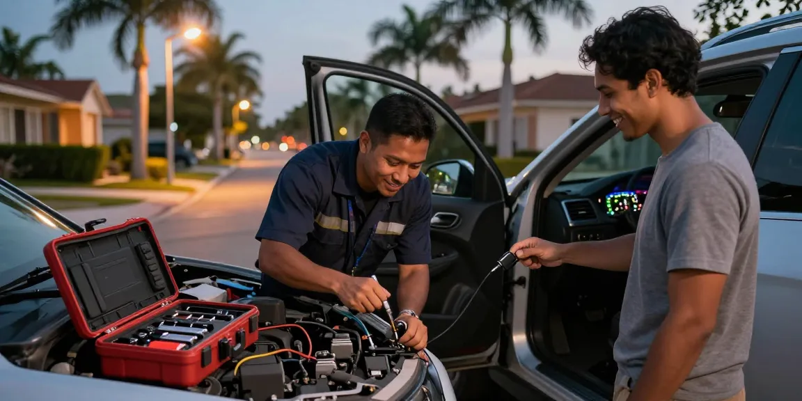 Expert technician performing car key replacement Fort Lauderdale at dusk, showcasing professional service.