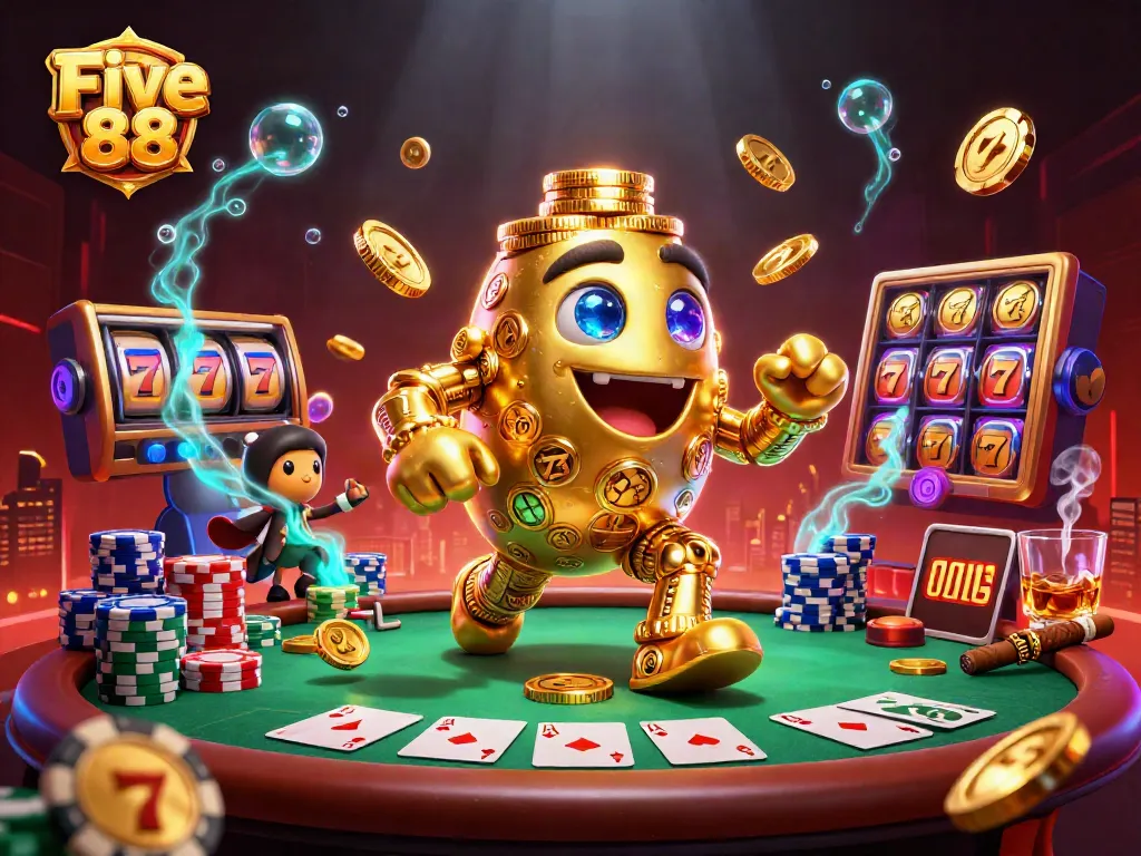 Five 88 captures a vibrant casino scene with a golden golem and poker elements in action.