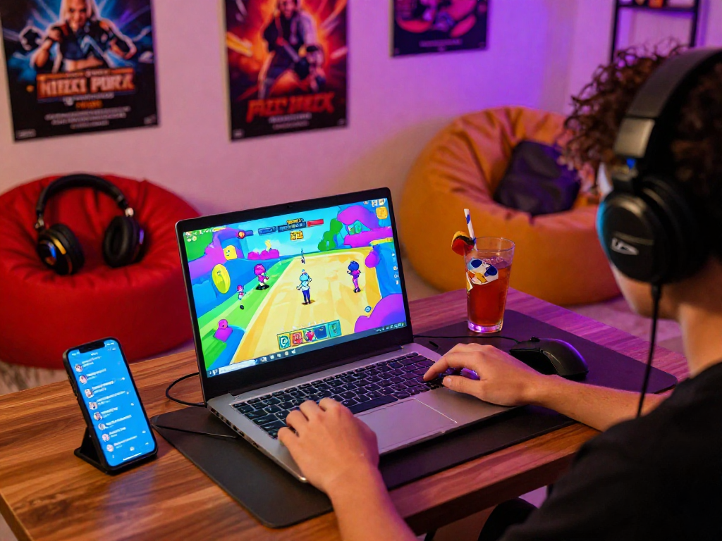 Enjoying a free porn game on a laptop in a cozy gaming setup with vibrant visuals and relaxed atmosphere.