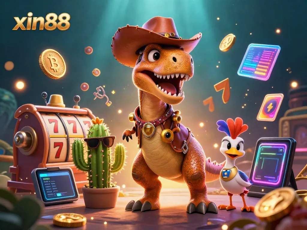 Experience thrilling casino gaming with xin88 featuring vibrant 3D illustrations of a cowboy dinosaur and his companions in an exciting gambling environment.