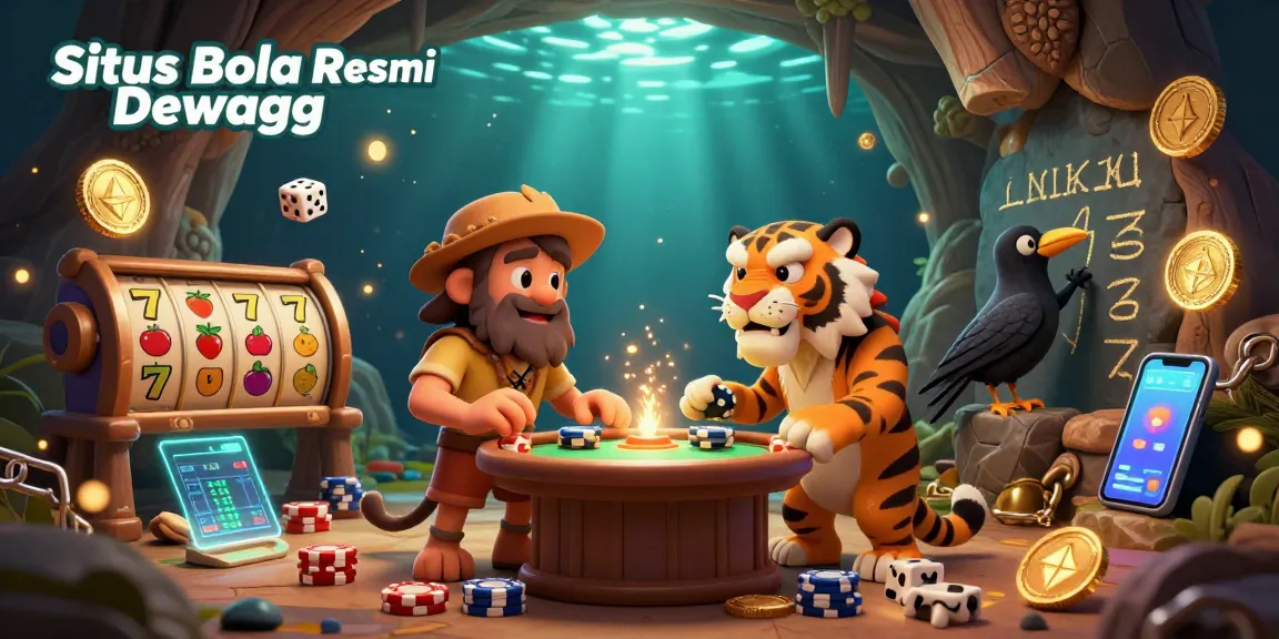 Situs Bola Resmi Dewagg showcases a vibrant, engaging prehistoric casino scene with unique characters and elements.
