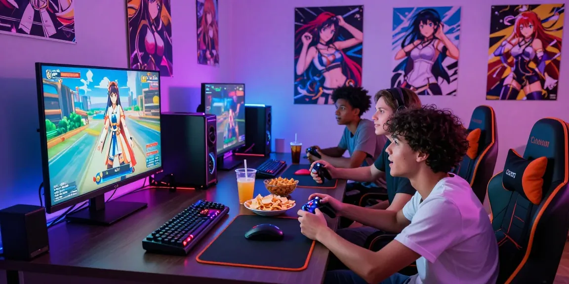 Friends enjoying hentai games in a colorful gaming room filled with snacks and anime posters.