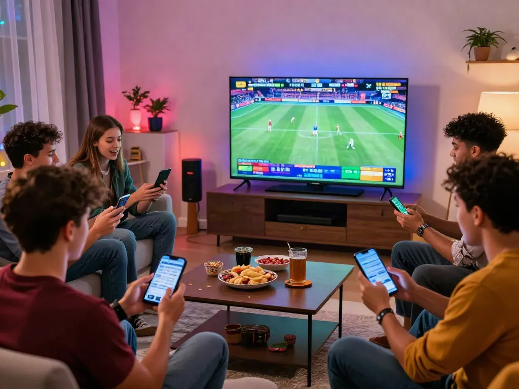 Engaged friends enjoying a thrilling online betting experience with vin88 in a lively living room.
