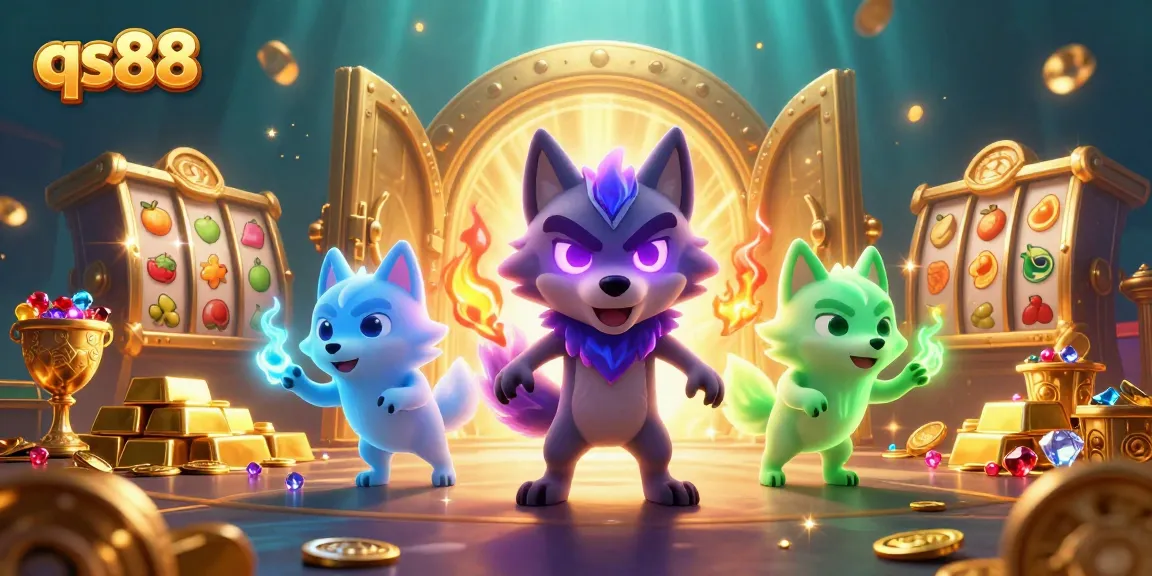 Experience casino excitement with qs88 as glowing shadow wolves surround rich treasures and dynamic slot machines.