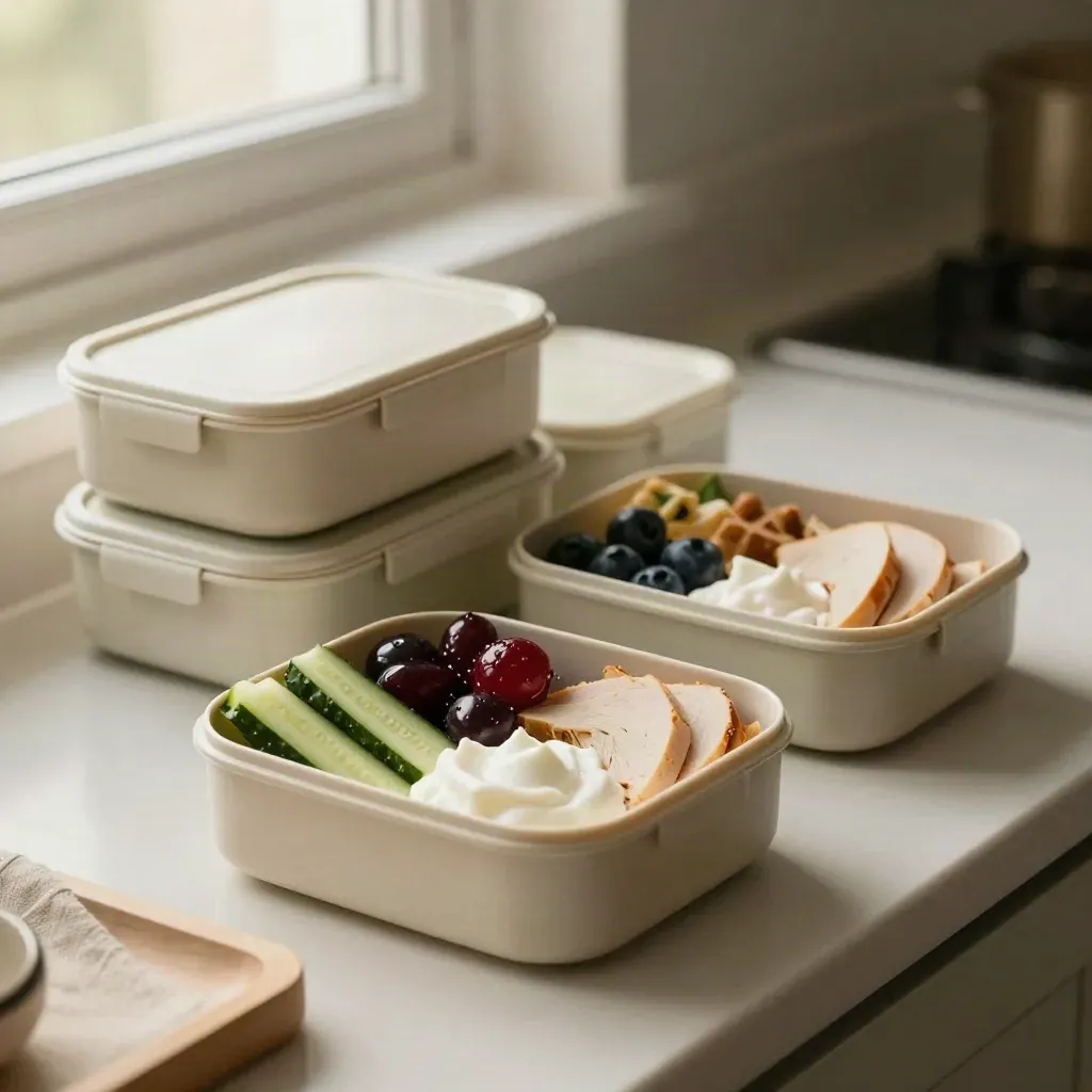 Stacked bento lunch boxes with fruit, yogurt, turkey, and cucumber by a bright morning window.