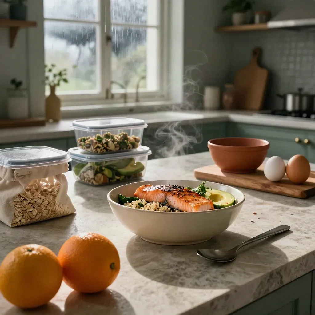 Storm-lit kitchen island with salmon quinoa bowl, meal prep containers, citrus, eggs, oats, and tote.