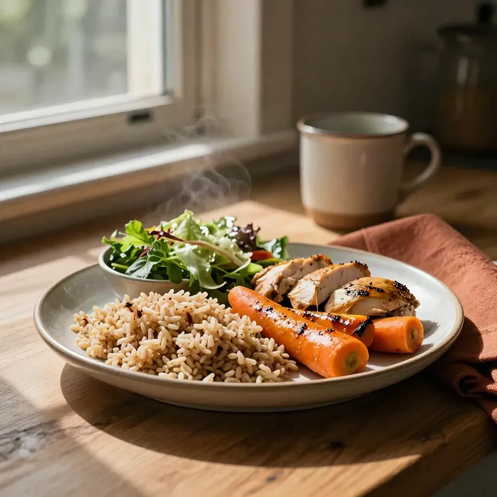Stoneware plate with rice, roasted vegetables, chicken, and a small salad bowl on a sunlit kitchen counter.