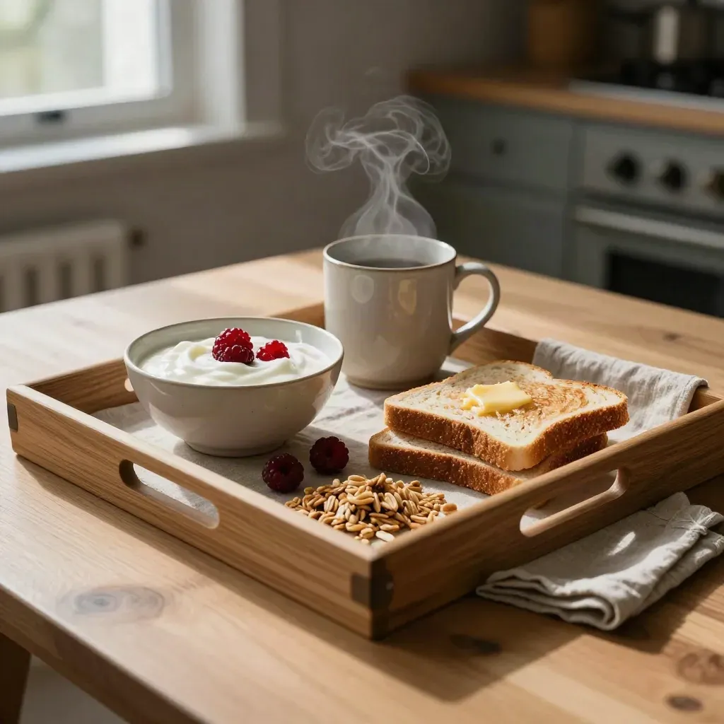 Breakfast tray with yogurt, berries, granola, toast, and steaming mug in moody morning light.