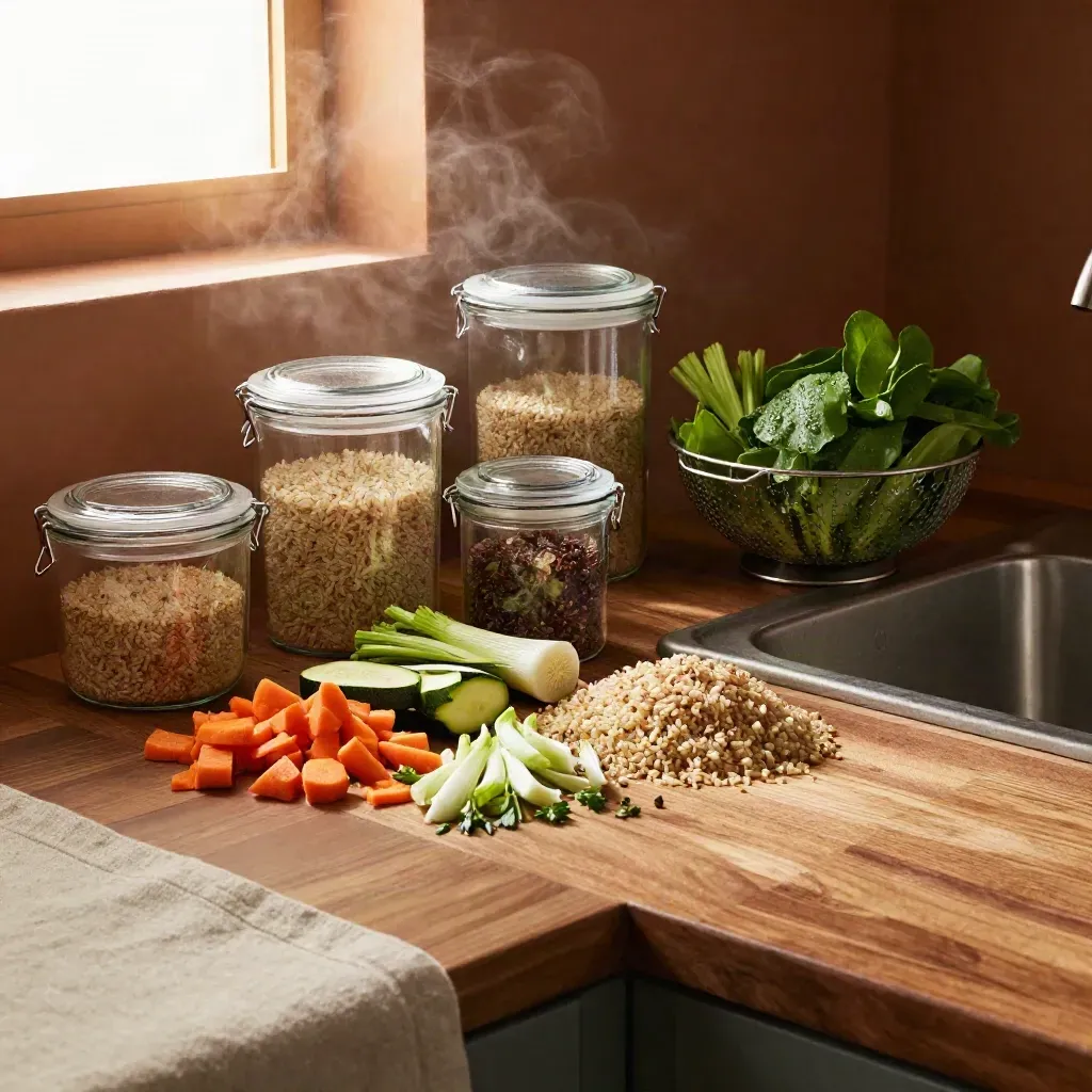 Terracotta kitchen prep counter with chopped vegetables, grains, lidded containers, and greens in warm steam.