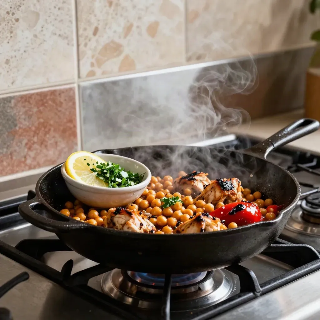 Steam rises from a skillet of chickpeas, peppers, and chicken beside herbs and lemon.