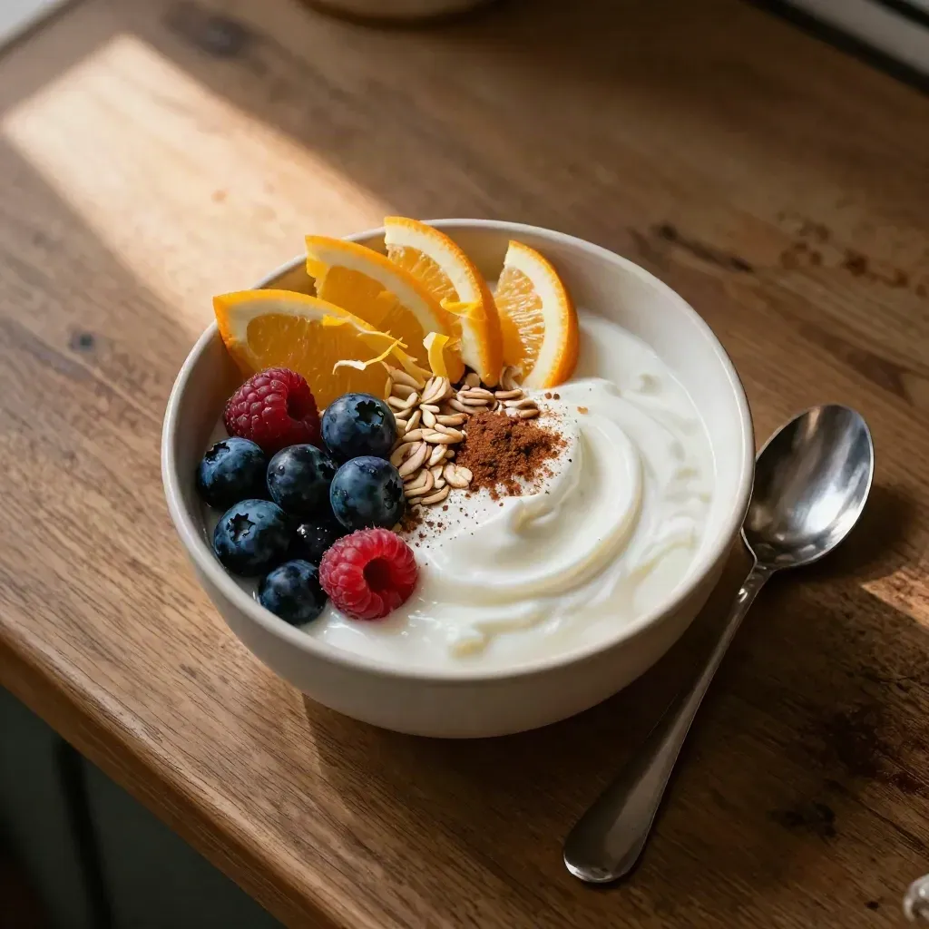 Top-down yogurt bowl with berries, citrus, cinnamon and oats on a warm wood counter