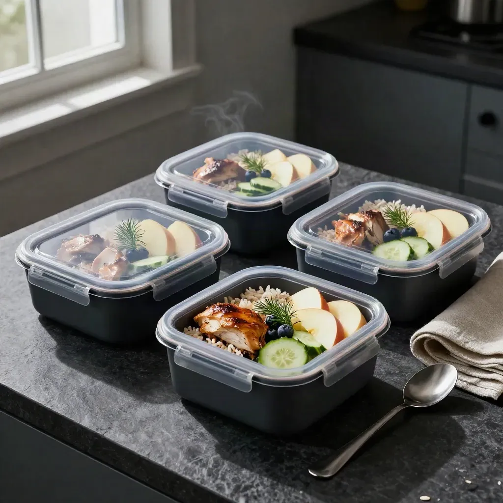 Three meal-prep lunch boxes with chicken, grains, cucumbers, and fruit on a charcoal counter.