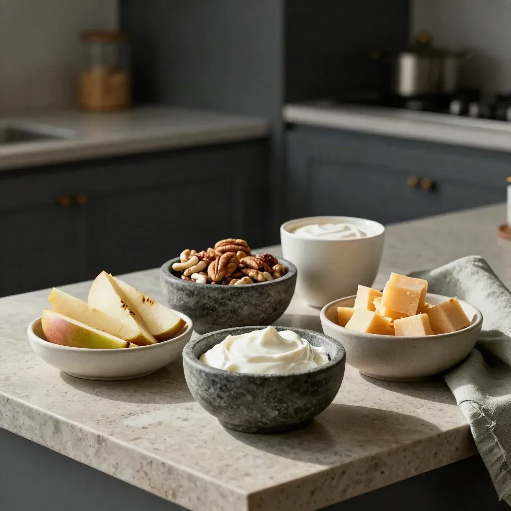 Four snack bowls with apple, nuts, yogurt and cheese on a stone counter.