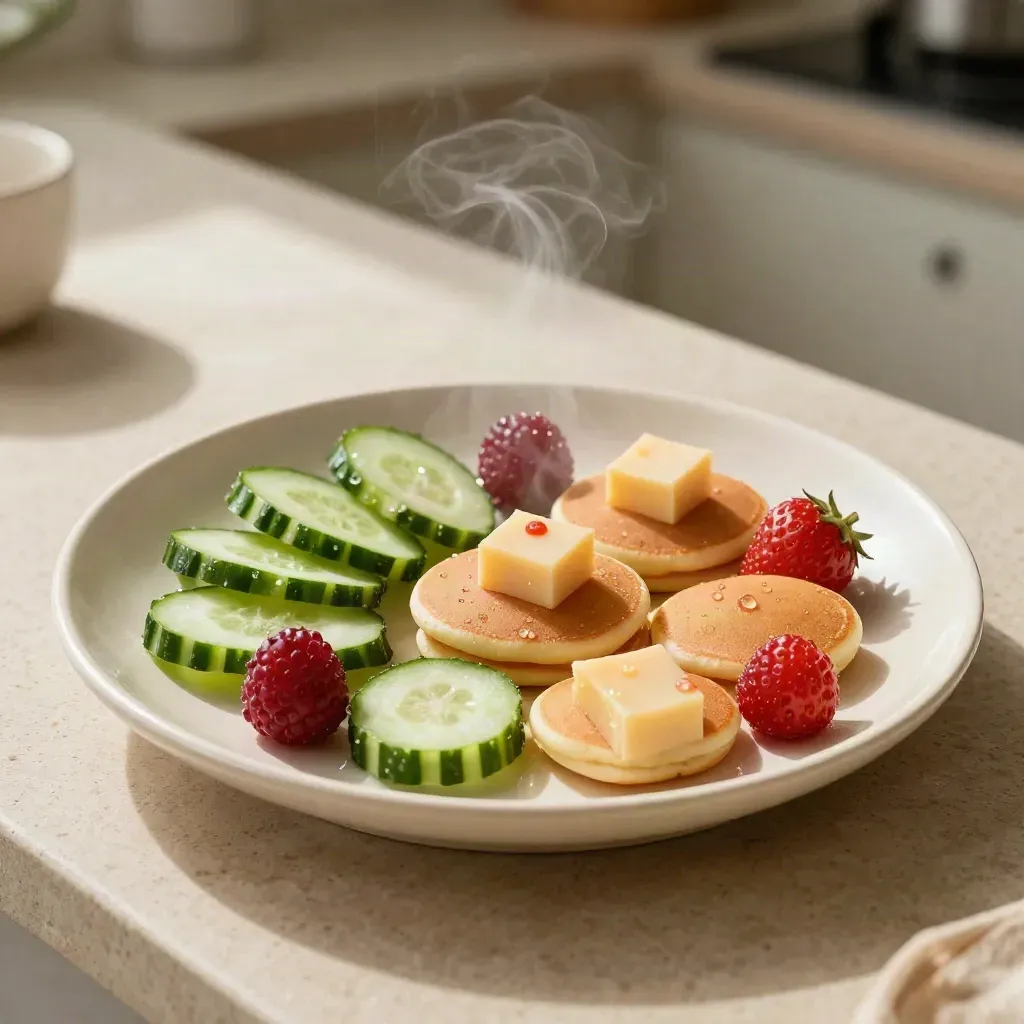 Overhead kids’ plate with cucumbers, berries, mini pancakes and cheese cubes, softly steaming.