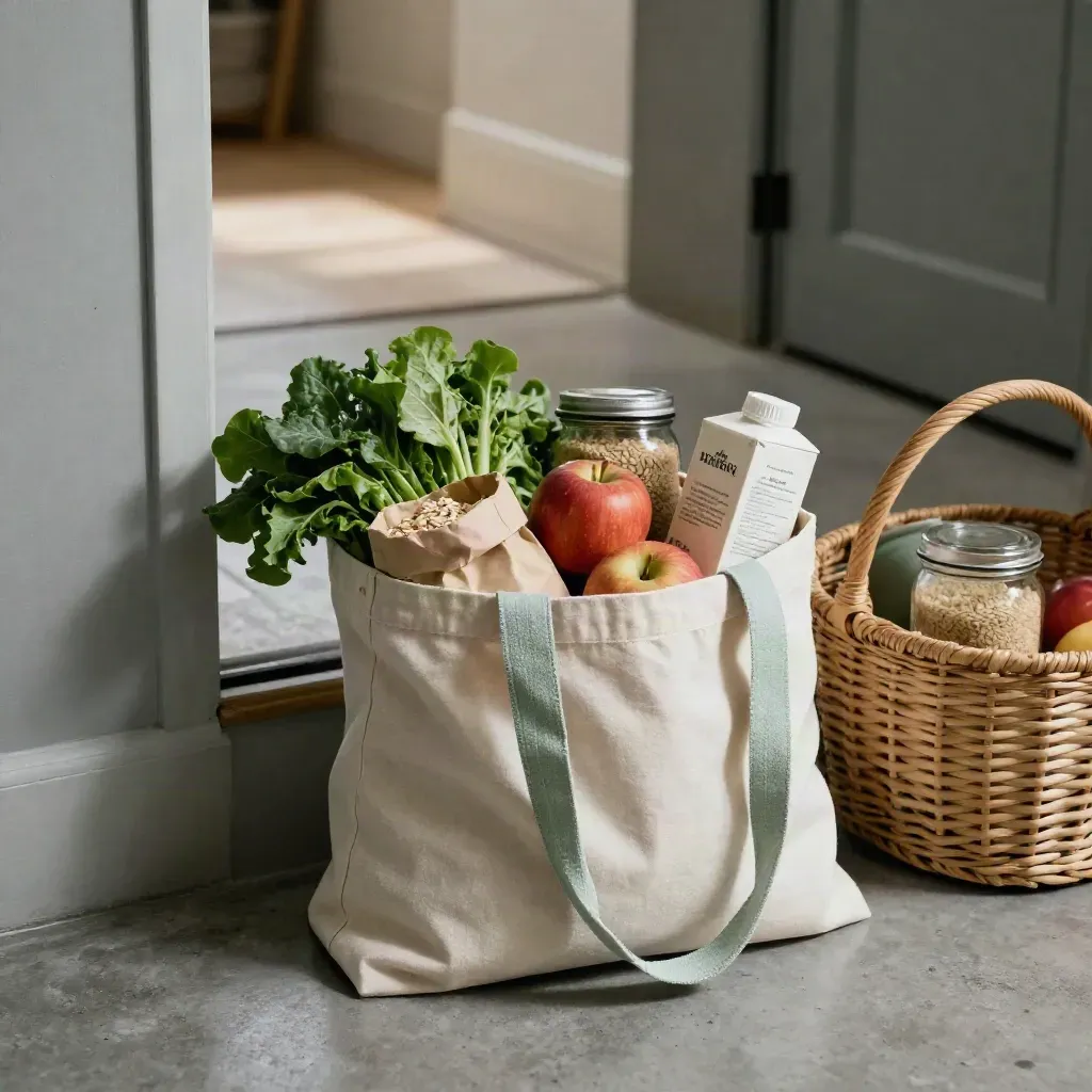 Canvas grocery tote with apples, greens, grains and protein carton beside a produce basket at the door.