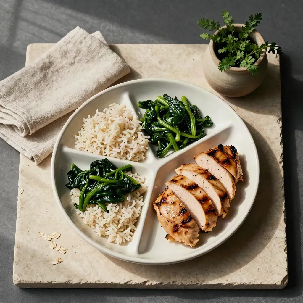 Overhead divided plate with rice, greens, chicken, linen, and herb pot on stone.