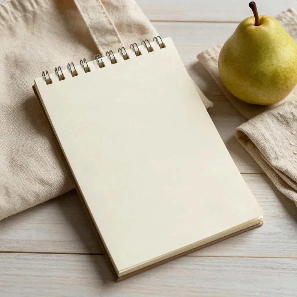 Face-down grocery notepad beside a canvas tote, pear, and folded cloth on pale wood.