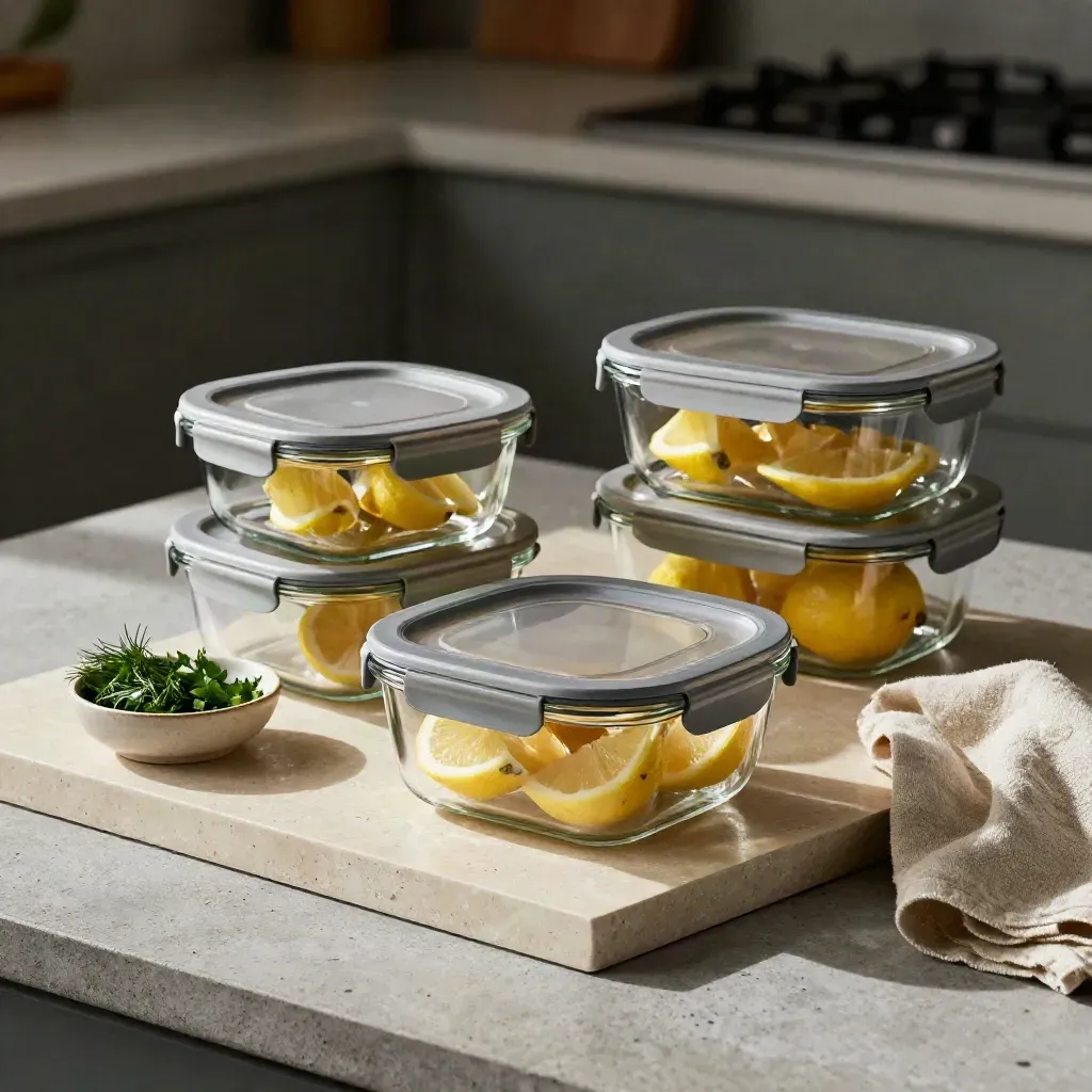 Glass meal-prep containers with lemon wedges and chopped herbs on a stone tray.