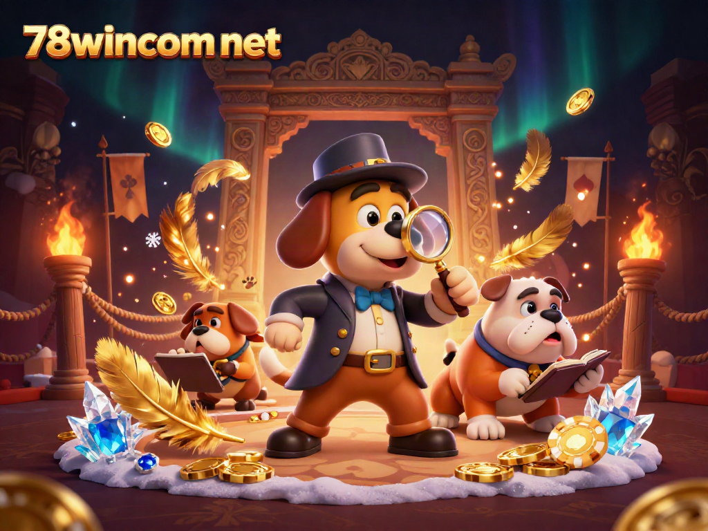 Engage in exciting gameplay at 78wincom net with this vibrant scene featuring a detective and his bulldog in a dynamic casino setting.