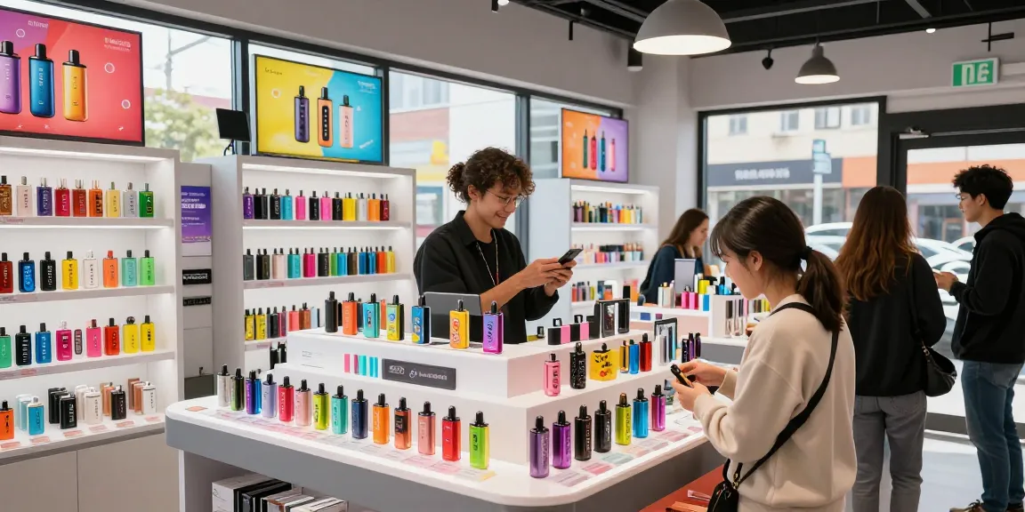 Top disposable vapes shop in USA showcasing a variety of high-puff vape products in a vibrant retail space.