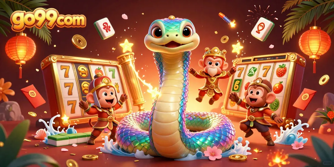 Engage with go99com's vibrant casino experience featuring a mystical serpent and exciting slot reels.