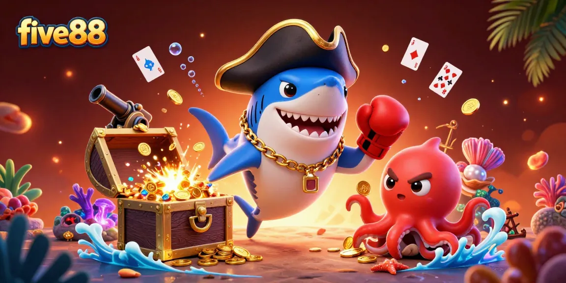 Engage in thrilling gameplay at five88, featuring a dynamic pirate scene with treasure in an immersive casino setting.