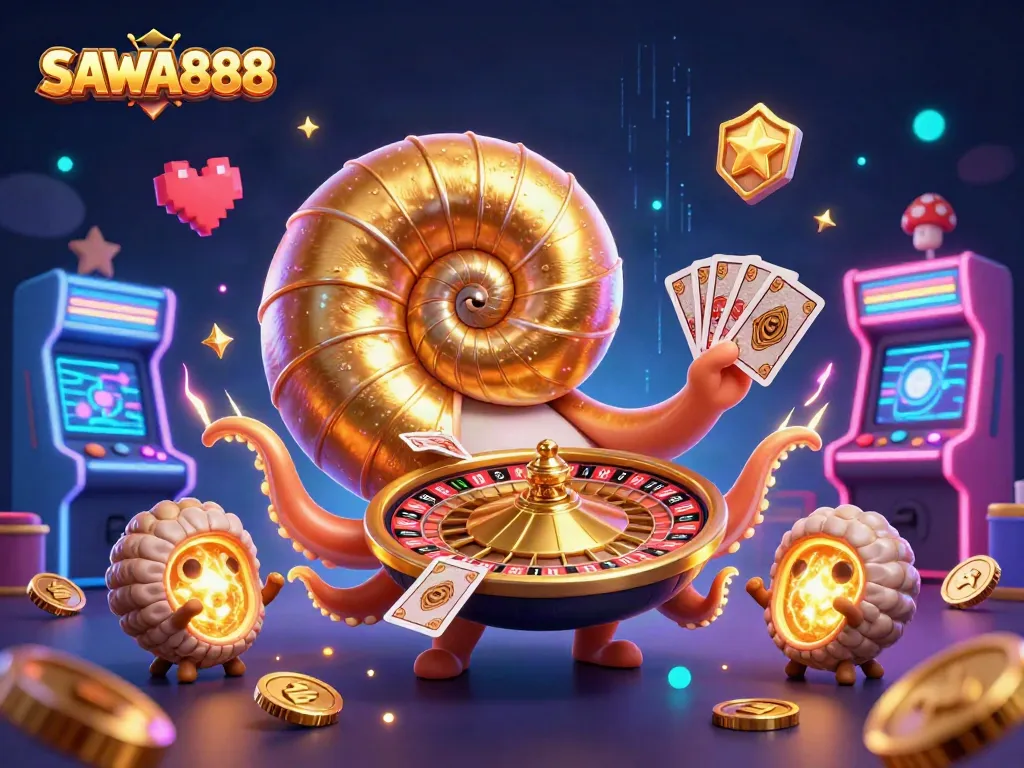 Experience the thrill of SAWA888 with a vibrant casino-themed scene featuring dynamic 3D characters and game elements.