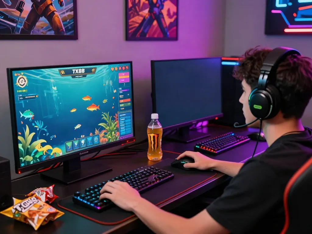 Player enjoying TX88's fishing game with vibrant graphics and gaming setup.