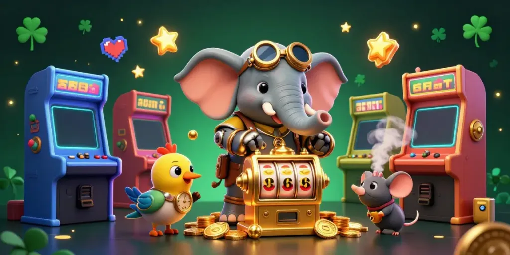 Engage with go8play in this vibrant illustration showcasing a steampunk elephant casino engineer beside a golden slot machine and arcade elements.
