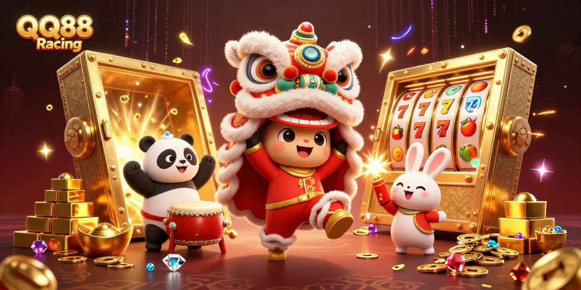Experience QQ88 Racing's vibrant casino action with characters amidst dynamic slots and treasures.