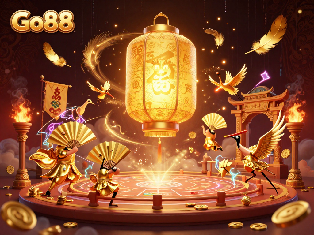 Experience thrilling gaming with Go88's captivating online casino atmosphere illuminated by vibrant characters and elements.