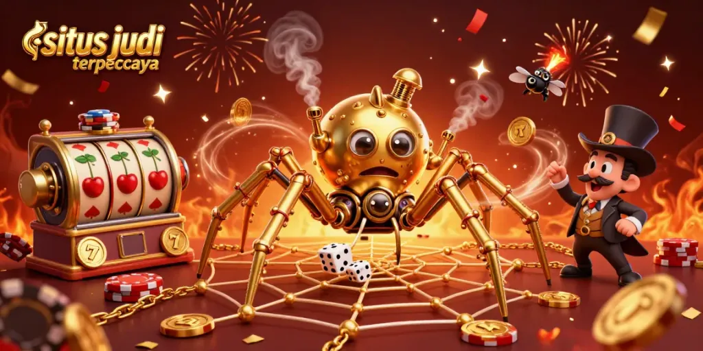 Engage with dynamics of situs judi terpercaya as a steampunk spider web entraps luck and challenges in a vibrant casino scene.