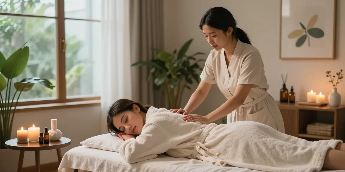 Professional therapist providing a soothing 영등포출장안마 massage in a serene home spa setting, highlighting relaxation.