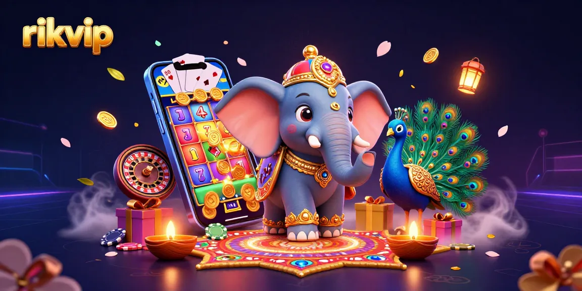 Play exciting games on rikvip, featuring casino elements like spinning slot reels, poker cards, and vibrant gems.