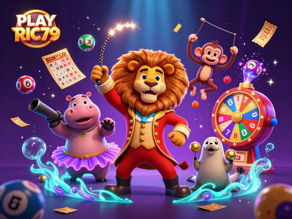 Join the fun with PLAY RIC79 in a vibrant casino-themed digital art scene packed with excitement and game elements.