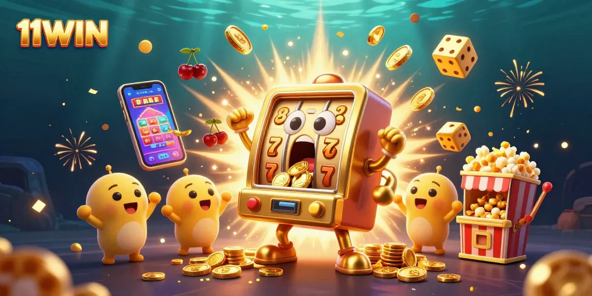 Experience the excitement of 11WIN with a golden slot machine hitting a jackpot, spilling coins!
